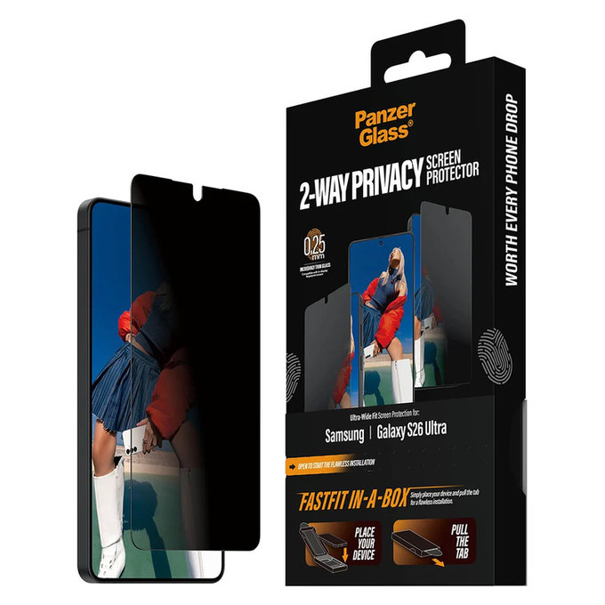 Vetro temperato UWF 2-Way Privacy con FASTFIT In-A-Box per Samsung Galaxy S26 Ultra, Trasparente, PanzerGlass