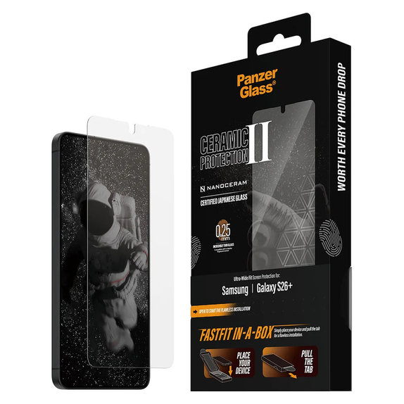 Vetro temperato UWF Ceramic con FASTFIT In-A-Box per Samsung Galaxy S26+, Trasparente, PanzerGlass