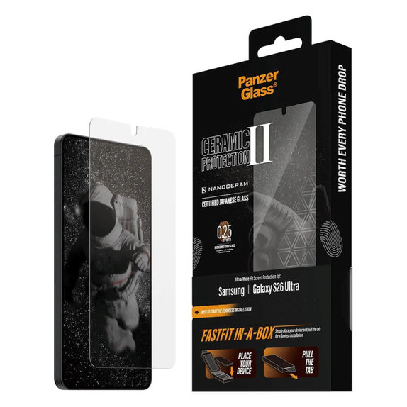 Vetro temperato UWF Ceramic con FASTFIT In-A-Box per Samsung S26 Ultra, Trasparente, PanzerGlass