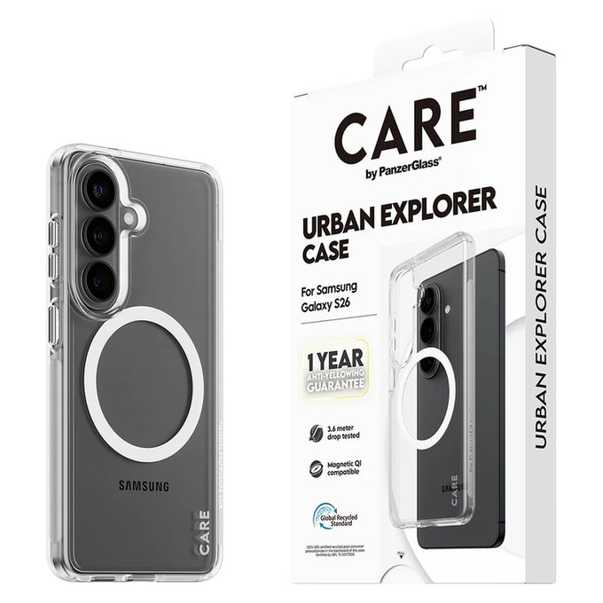 Custodia Urban Explorer con QI bianco per Samsung Galaxy S26, Trasparente, PanzerGlass