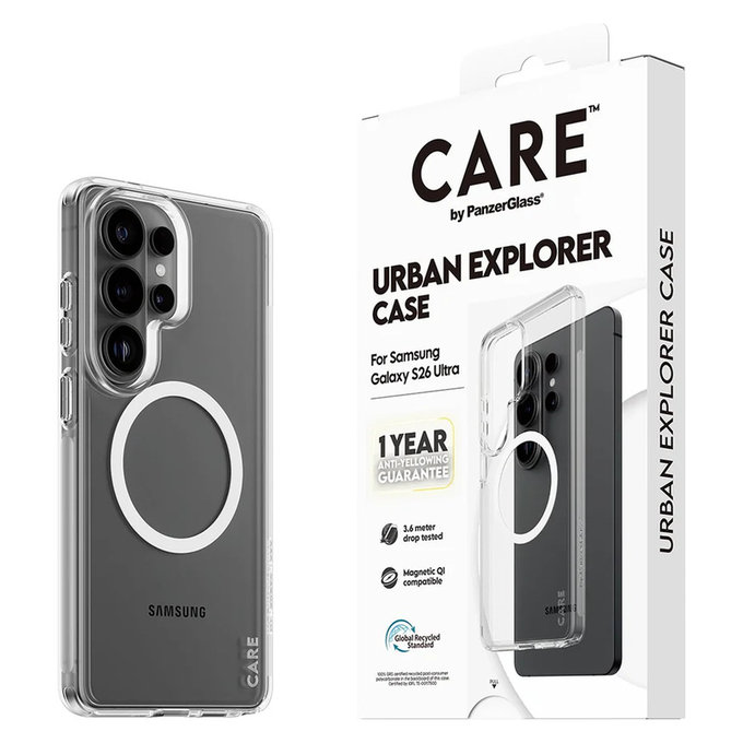 Custodia Urban Explorer con QI bianco per Samsung Galaxy S26 Ultra, Trasparente, PanzerGlass