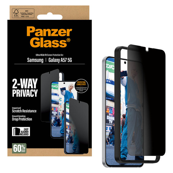Vetro temperato UWF Privacy con applicatore per Samsung Galaxy A57, Trasparente, PanzerGlass