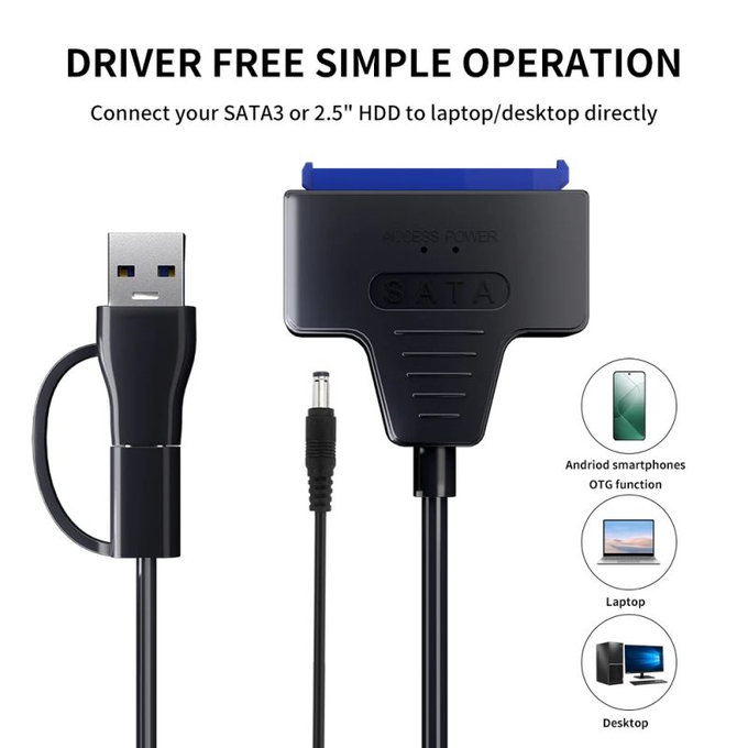 Adattatore USB 3.0 / USB-C a SATA per HDD/SSD da 2,5" e 3,5", con alimentatore