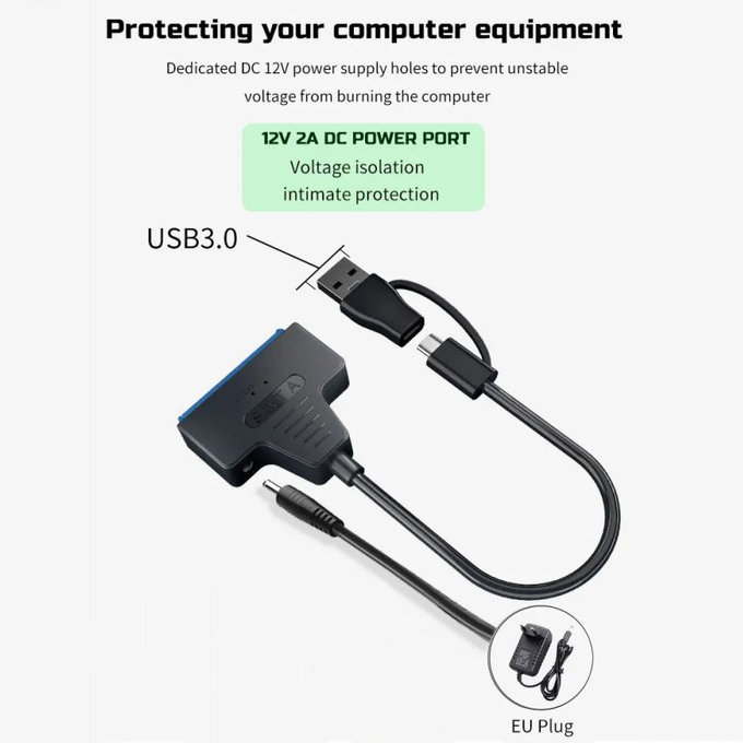Adattatore USB 3.0 / USB-C a SATA per HDD/SSD da 2,5" e 3,5", con alimentatore