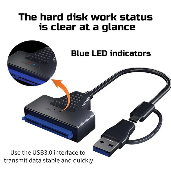 Adattatore USB 3.0 / USB-C a SATA per HDD/SSD da 2,5" e 3,5", con alimentatore