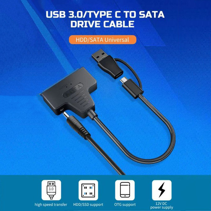 Adattatore USB 3.0 / USB-C a SATA per HDD/SSD da 2,5" e 3,5", con alimentatore