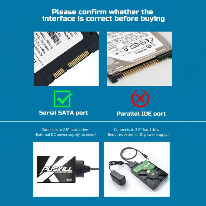 Adattatore USB 3.0 / USB-C a SATA per HDD/SSD da 2,5" e 3,5", con alimentatore