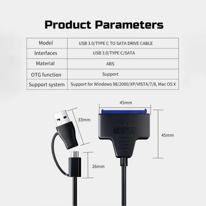 Adattatore USB 3.0 / USB-C a SATA per HDD/SSD da 2,5" e 3,5", con alimentatore