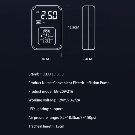 Compressore per pneumatici senza fili con display digitale, 150 PSI, nero
