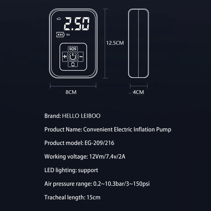 Compressore per pneumatici senza fili con display digitale, 150 PSI, nero