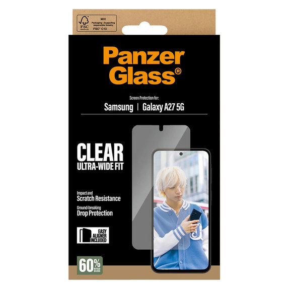 Vetro temperato UWF con applicatore per Samsung Galaxy A27, Trasparente, PanzerGlass