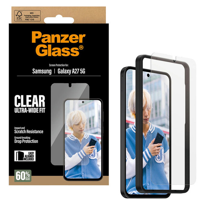 Vetro temperato UWF con applicatore per Samsung Galaxy A27, Trasparente, PanzerGlass
