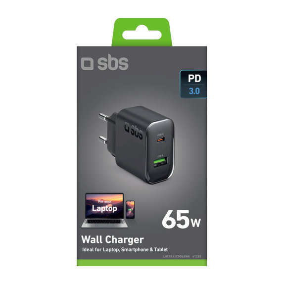 Adattatore da viaggio USB-A/USB-C, GaN, 65 W PD, nero, SBS