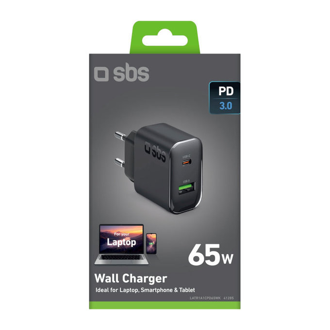 Adattatore da viaggio USB-A/USB-C, GaN, 65 W PD, nero, SBS