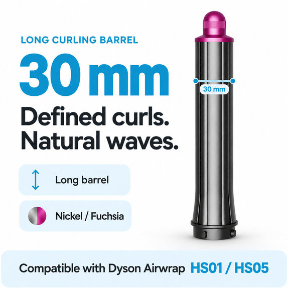 Cono lungo per ricci per Dyson Airwrap HS01, HS05, 30 mm, Nickel / Fuchsia