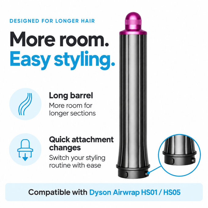Cono lungo per ricci per Dyson Airwrap HS01, HS05, 30 mm, Nickel / Fuchsia