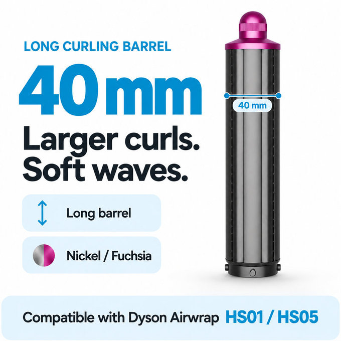 Cono lungo per ricci per Dyson Airwrap HS01, HS05, 40 mm, Nickel / Fuchsia
