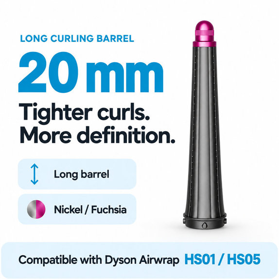 Cono lungo per ricci per Dyson Airwrap HS01, HS05, 20 mm, Nickel / Fuchsia