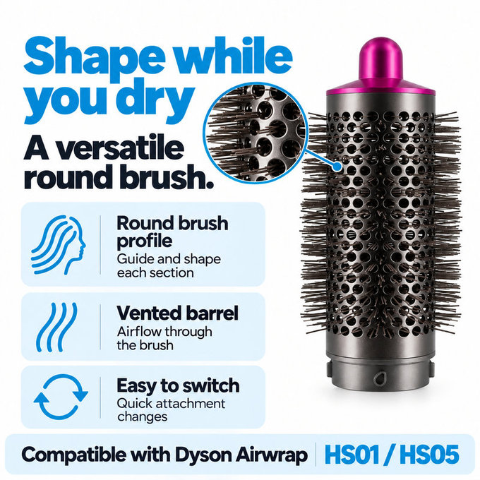 Spazzola rotonda media volumizzante per Dyson Airwrap HS01, HS05, Iron / Fuchsia