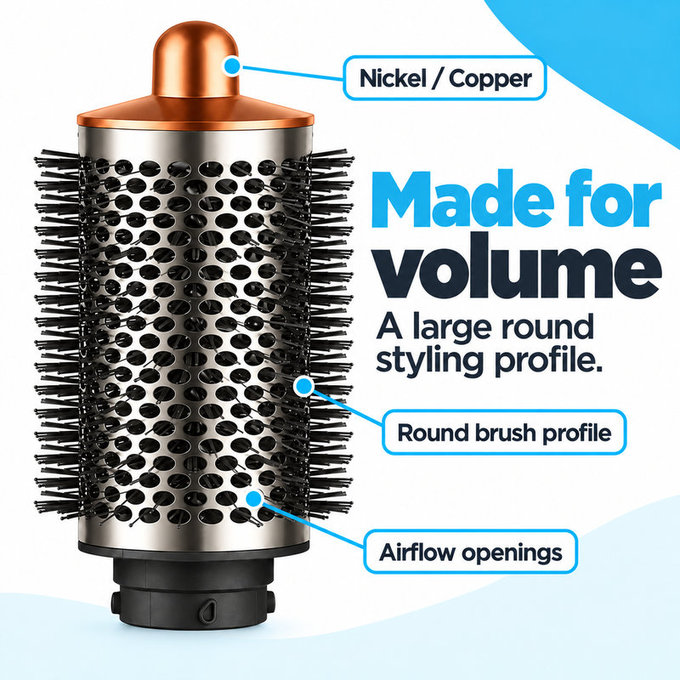 Spazzola rotonda grande volumizzante per Dyson Airwrap HS01, HS05, Nickel / Copper