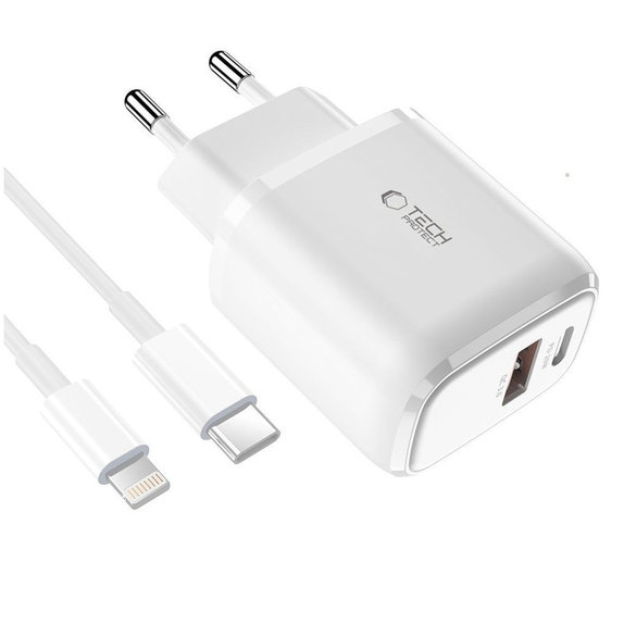 Caricatore da parete C20W 2-PORT PD 20W / QC3.0 + Lightning Cable, bianca, Tech-Protect