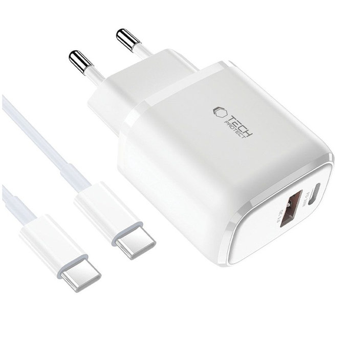 Caricatore da parete C20W 2-PORT PD 20W / QC3.0 + USB-C Cable, bianca, Tech-Protect