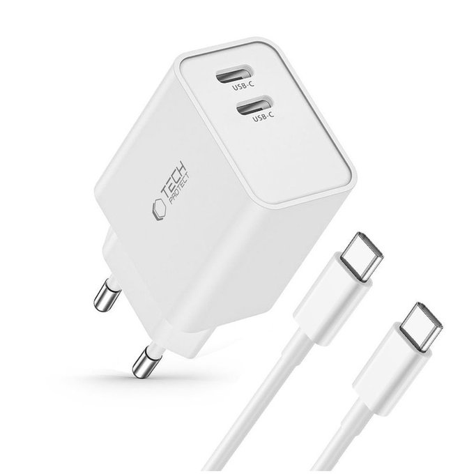 Caricatore da parete C35W 2-PORT PD 35W + USB-C Cable, bianca, Tech-Protect