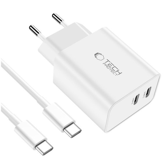 Caricatore da parete C35W 2-PORT PD 35W + USB-C Cable, bianca, Tech-Protect