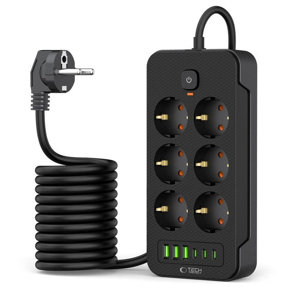 Caricatore da parete PC6X6 Power Strip 3 USB & 3 USB-C & 6 Socket 200cm, nera, Tech-Protect