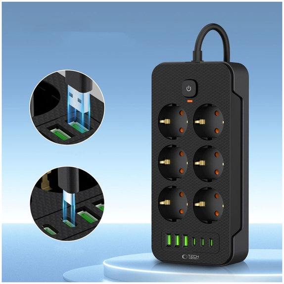Caricatore da parete PC6X6 Power Strip 3 USB & 3 USB-C & 6 Socket 200cm, nera, Tech-Protect