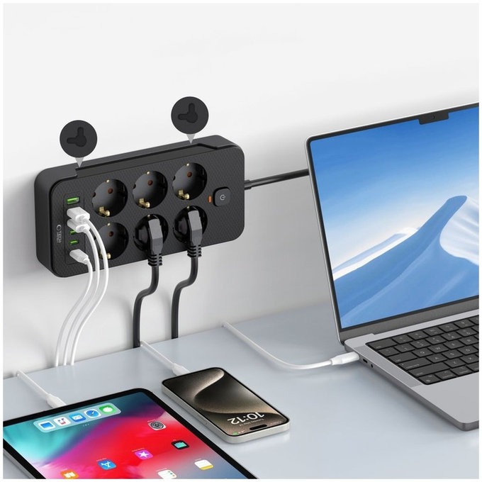 Caricatore da parete PC6X6 Power Strip 3 USB & 3 USB-C & 6 Socket 200cm, nera, Tech-Protect