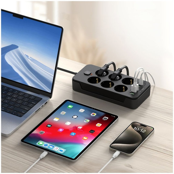 Caricatore da parete PC6X6 Power Strip 3 USB & 3 USB-C & 6 Socket 200cm, nera, Tech-Protect