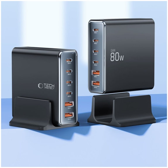 Caricatore da parete DC80W-GAN 6-PORT PD 80W / QC3.0, nera, Tech-Protect
