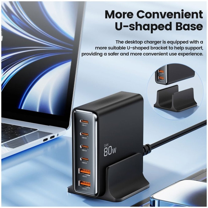 Caricatore da parete DC80W-GAN 6-PORT PD 80W / QC3.0, nera, Tech-Protect