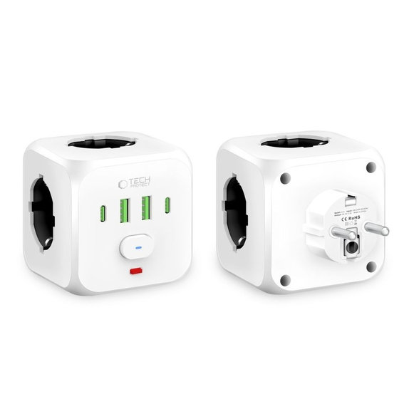 Caricatore da parete PCL3X4 Power Socket 2 USB & 2 USB-C & 3 Socket, bianca, Tech-Protect