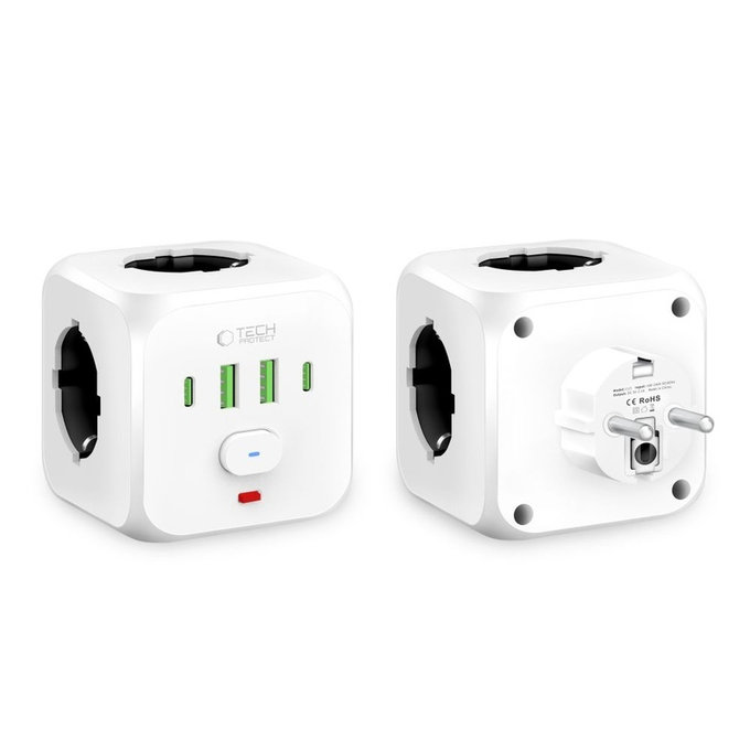 Caricatore da parete PCL3X4 Power Socket 2 USB & 2 USB-C & 3 Socket, bianca, Tech-Protect