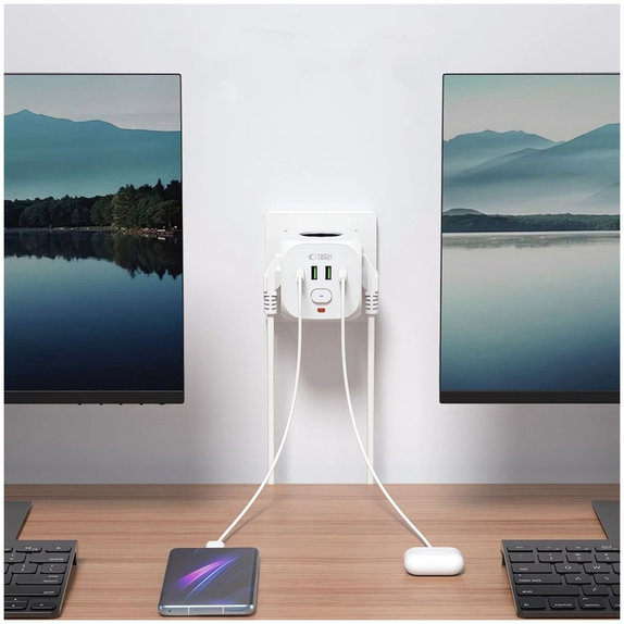 Caricatore da parete PCL3X4 Power Socket 2 USB & 2 USB-C & 3 Socket, bianca, Tech-Protect