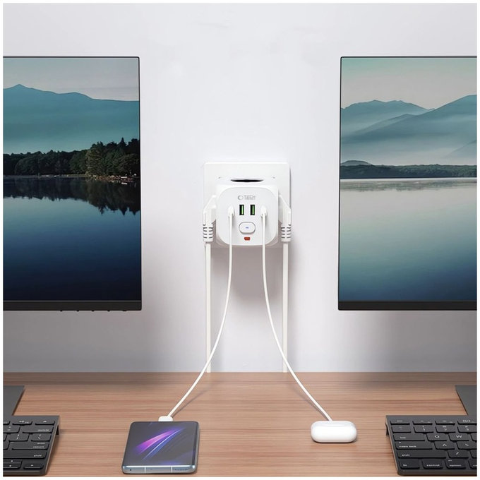 Caricatore da parete PCL3X4 Power Socket 2 USB & 2 USB-C & 3 Socket, bianca, Tech-Protect