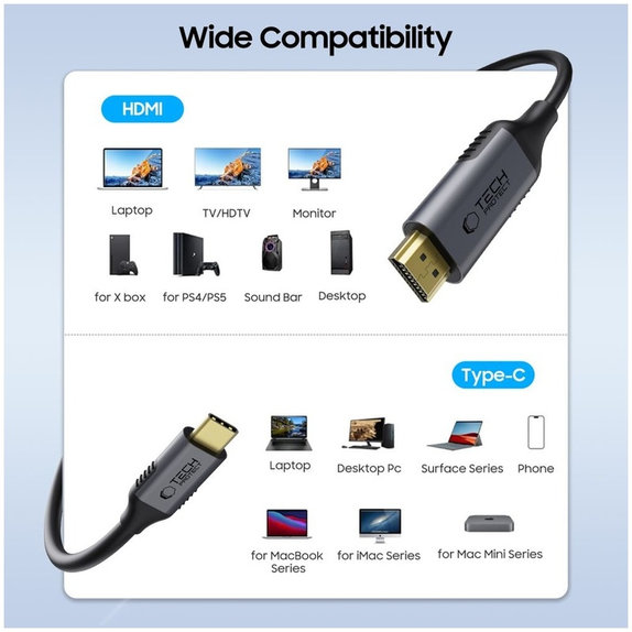 Cavo Ultraboost Cable USB-C / HDMI 2.0 4K 60Hz 180cm, nera, Tech-Protect