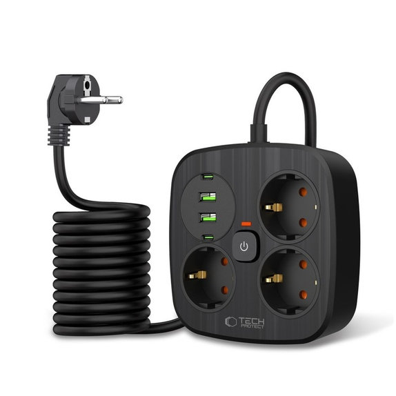Caricatore da parete PCS3X4 Power Strip 2 USB & 2 USB-C & 3 Socket 200cm, nera, Tech-Protect