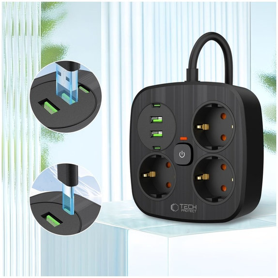 Caricatore da parete PCS3X4 Power Strip 2 USB & 2 USB-C & 3 Socket 200cm, nera, Tech-Protect