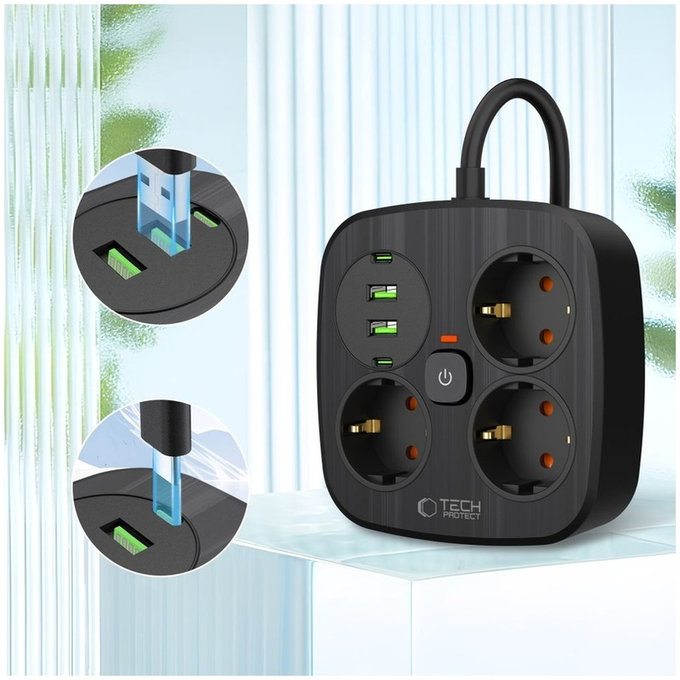 Caricatore da parete PCS3X4 Power Strip 2 USB & 2 USB-C & 3 Socket 200cm, nera, Tech-Protect
