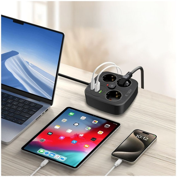 Caricatore da parete PCS3X4 Power Strip 2 USB & 2 USB-C & 3 Socket 200cm, nera, Tech-Protect