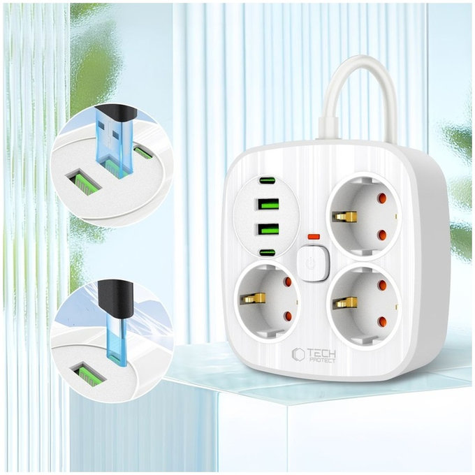 Caricatore da parete PCS3X4 Power Strip 2 USB & 2 USB-C & 3 Socket 200cm, bianca, Tech-Protect