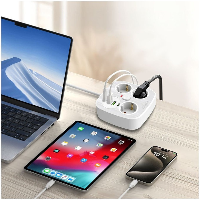Caricatore da parete PCS3X4 Power Strip 2 USB & 2 USB-C & 3 Socket 200cm, bianca, Tech-Protect