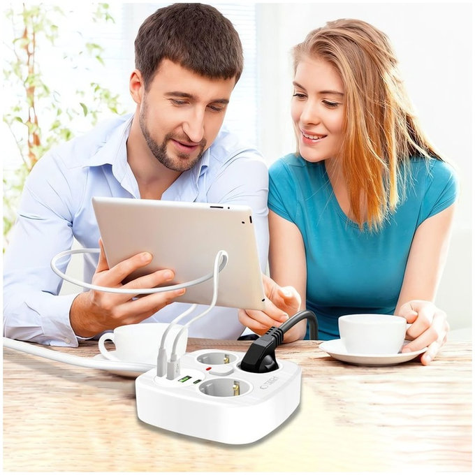 Caricatore da parete PCS3X4 Power Strip 2 USB & 2 USB-C & 3 Socket 200cm, bianca, Tech-Protect