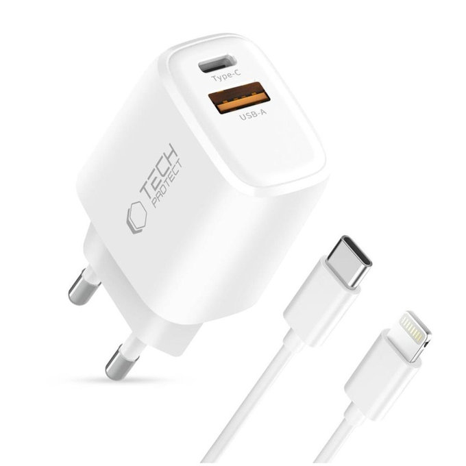 Caricatore da parete NCA30 2-PORT PD 30W / QC3.0 + Lightning Cable, bianca, Tech-Protect