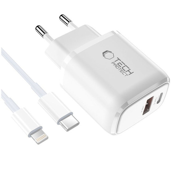 Caricatore da parete NCA20 2-PORT PD 20W / QC3.0 + Lightning Cable, bianca, Tech-Protect