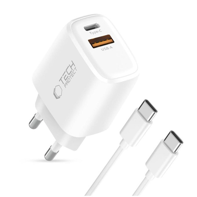 Caricatore da parete NCA20 2-PORT PD 20W / QC3.0 + USB-C Cable, bianca, Tech-Protect