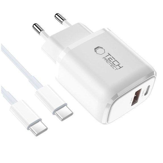 Caricatore da parete NCA20 2-PORT PD 20W / QC3.0 + USB-C Cable, bianca, Tech-Protect
